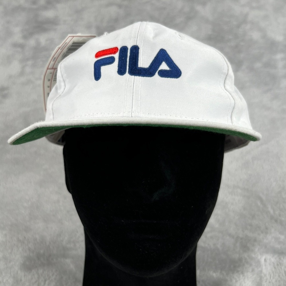 Vintage FILA Snapback Hat OS NWT White Green Underbrim 90s Spellout Logo Cap